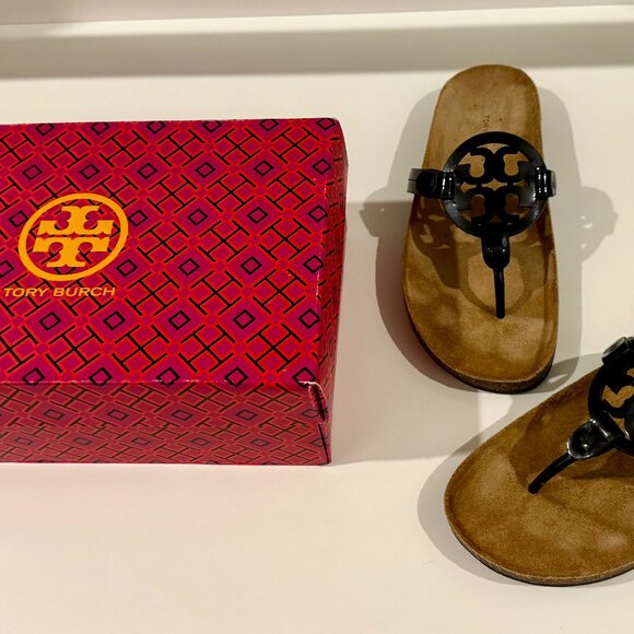 NIB Tory Burch Miller Cloud Leather Sandal Black Patent - Picture 1 of 4